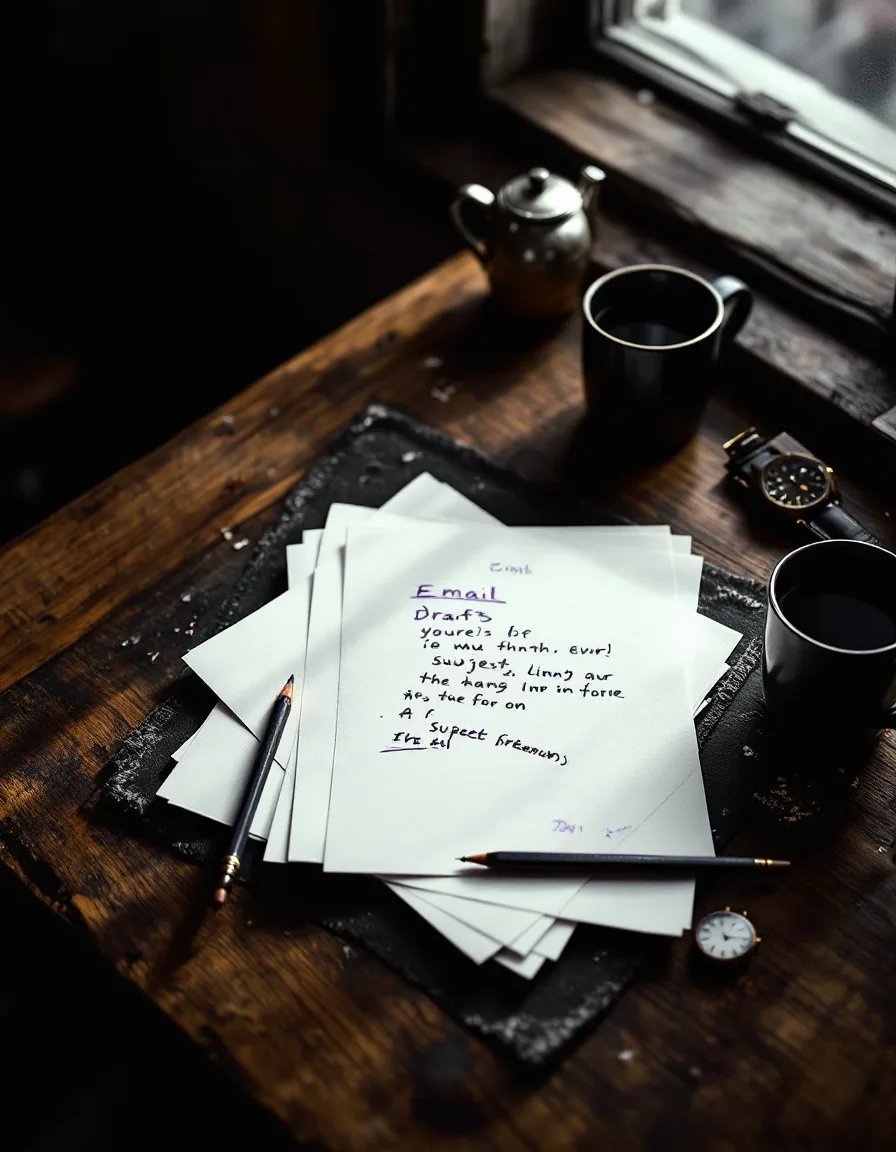 Printed email drafts marked up in violet pencil on a long oak table beside a window, with a pencil, a pocket watch and a mug of coffee