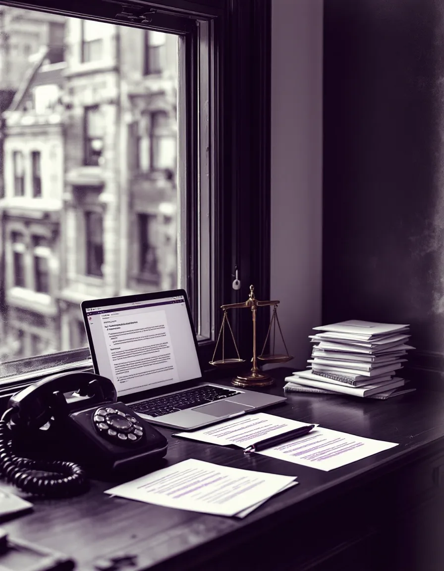 A writer’s desk by a tall window: a desk phone, a laptop open to an inbox, and printed email drafts marked in violet pencil