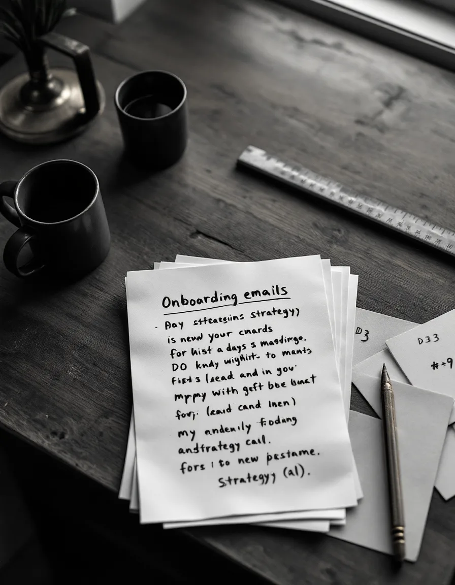 Overhead view of a desk set for a strategy call: printed email drafts with pencil edits, index cards marked with send days, a ruler and a composing stick of lead type