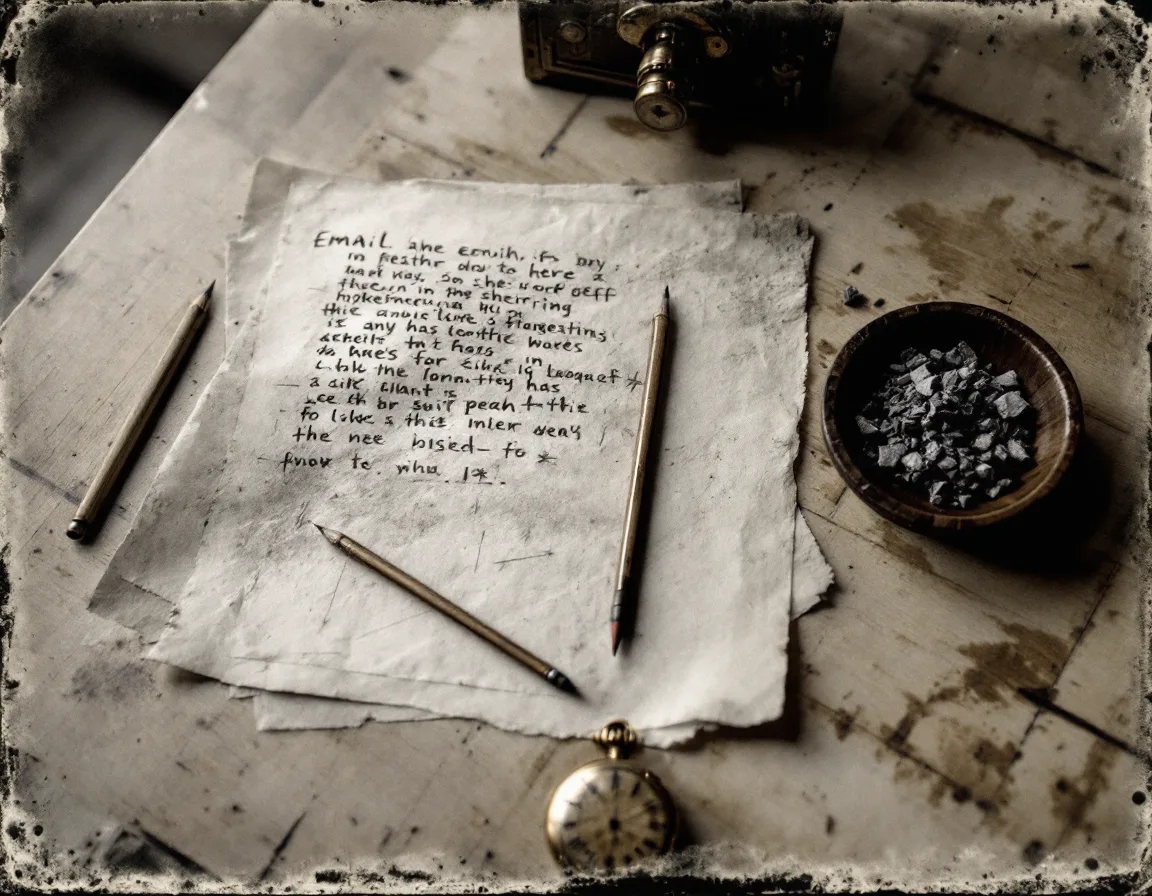 Tintype-style photograph of a pocket watch beside a pencil-edited email draft and a composing stick of lead type on a wooden desk